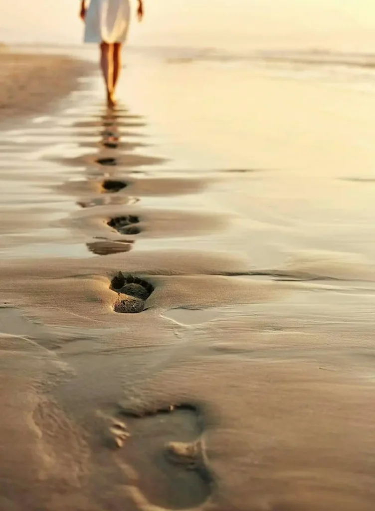 A trail of a woman's footprints leading across a serene sandy beach toward the ocean, symbolizing a personal journey of resilience and moving forward.