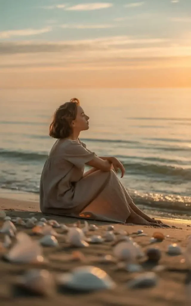 A contemplative woman sitting peacefully on a sandy beach, reflecting on her journey and answering the Unstuck Achievers reflective questions.